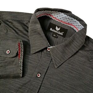 Buttercloth Shirt Mens XL Gray Micro Check Button Up Flip Cuff Cotton Stretch